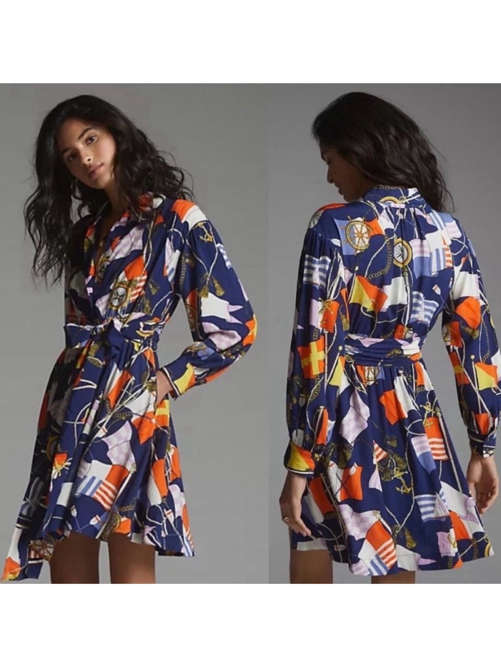 Anthropologie Maeve Mini Shirtdress Nautical Navy Long Sleeve Boho Dress